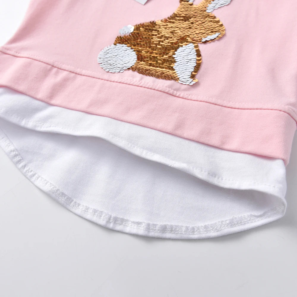 VIKITA Children Clothing Kids Casual Daily Tops and Tees Girls Rabbit Sequined Appliqued Short Sleeve Summer Cotton T Shirts
