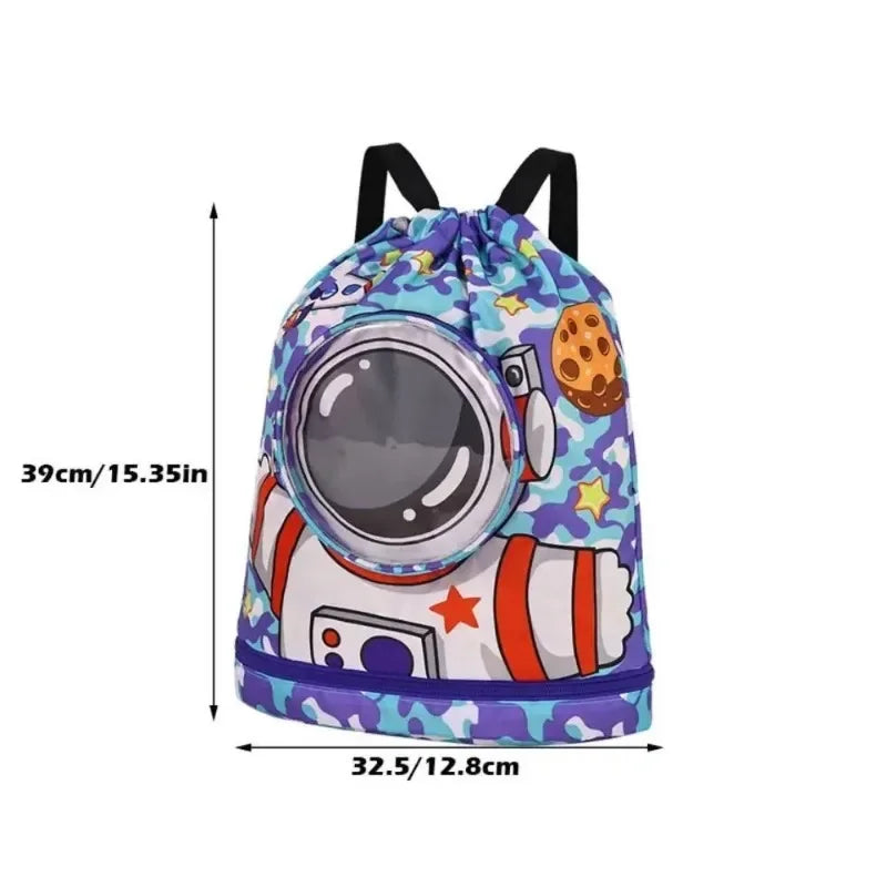 Kids Swim Beach Bag Drawstring Backpack with Shoe Compartment Cartoon Pool Bag for for Wet Swimming Sport Travel Boys Girls