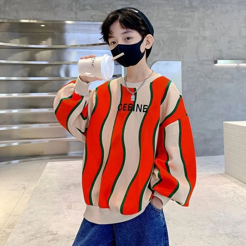 Boys' Medium-Large 2025 New Arrival No Hood Fleece-Lined Spring/Autumn Trendy Cool Kids Sweatshirt