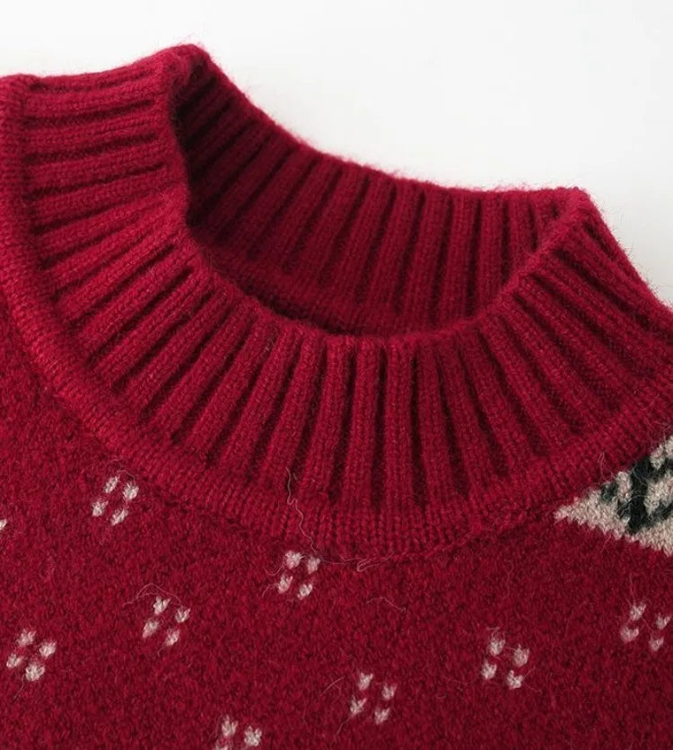 Kids' Christmas Thickened Fleece-Lined Pullover Sweater - Korean Style Warm Baby Boy & Girl Red Holiday Knitwear for Toddler