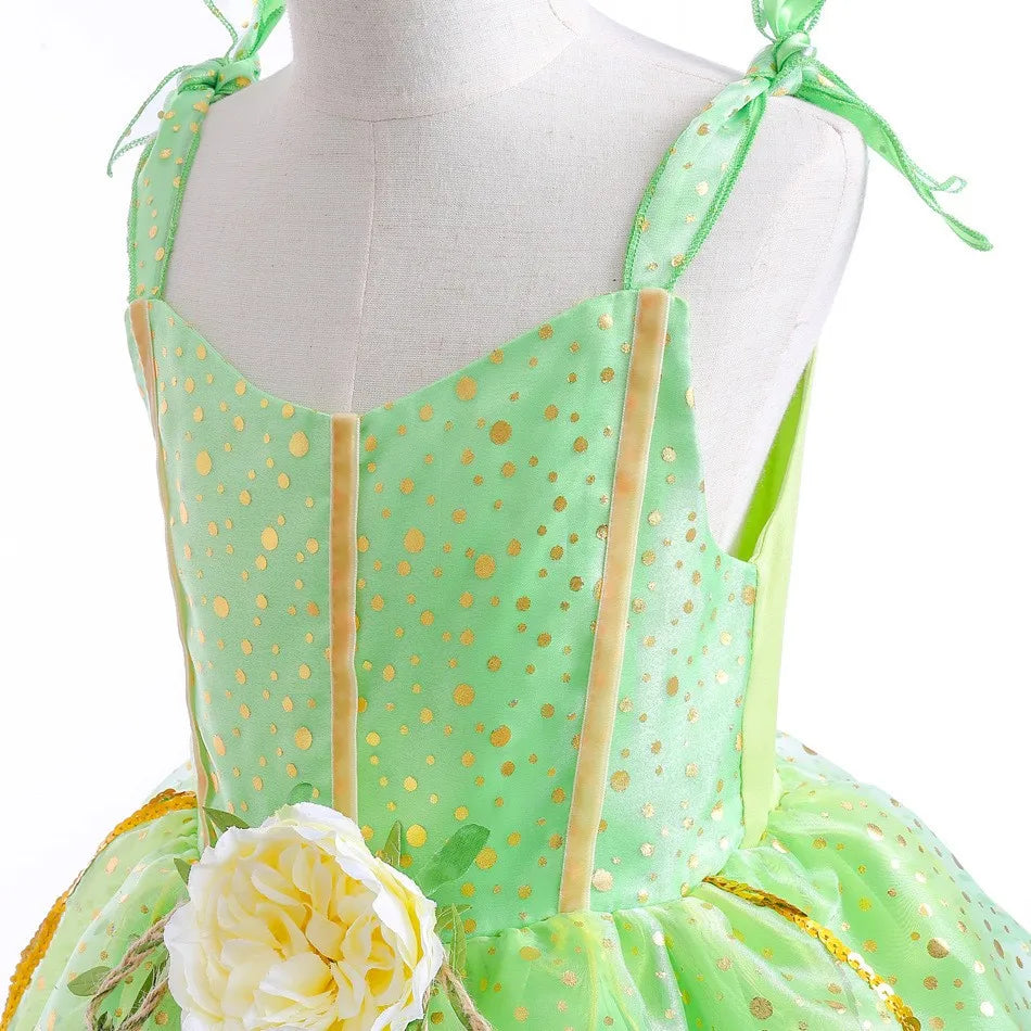 Disney Classic Elf Movie Tinker Bell Girls Play Fairy Dress Green Suspender Skirt With Wings and Flower Christmas Gift for Girls