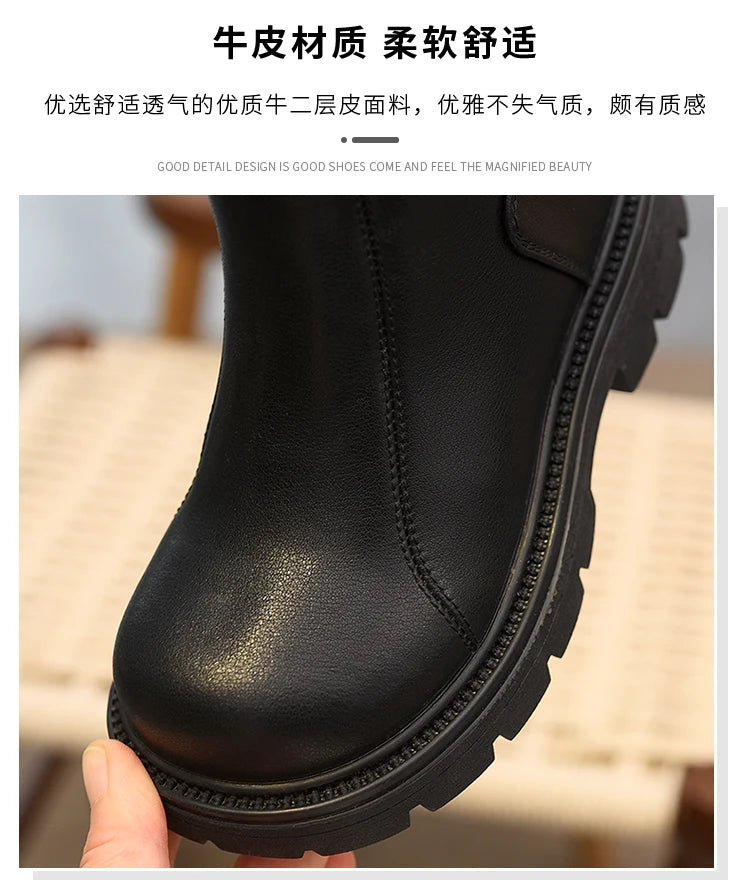 Girls' short boots, genuine leather, children's cotton boots, soft soled leather boots, children's shoes, 2025 autumn and winter