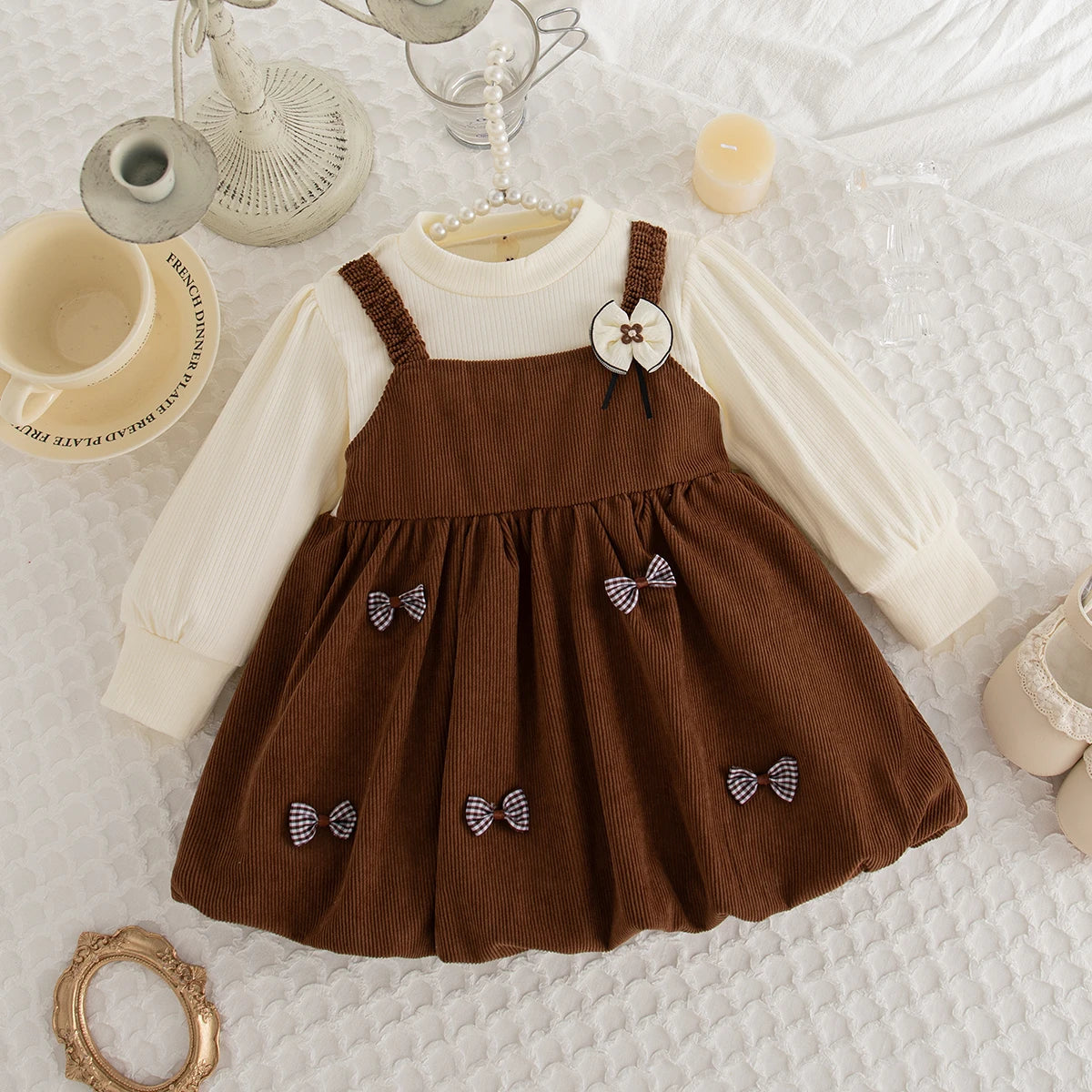 Spring And Autumn New Korean Style Baby Girl Dress, Sweet Bow Children'S Long Sleeved Clothes For Babies Aged 9 Months - 3 Years