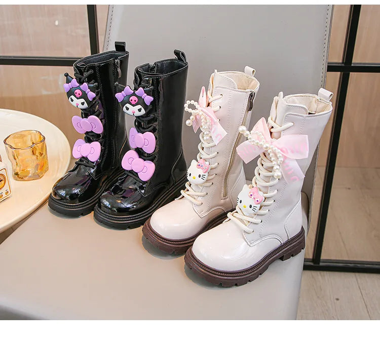 Kids'Casual Shoes Long Boots PU Leather Cartoon Kuromi Winter Shoes For Girls Anti-slip Warm Black Beige Shoes Size 26-37