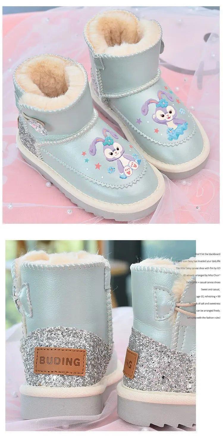 Disney Girls' Snow Boots Genuine Leather StellaLou Cartoon Waterproof Winter Children's Shoes Baby Girls' Thickened Ankle Boots