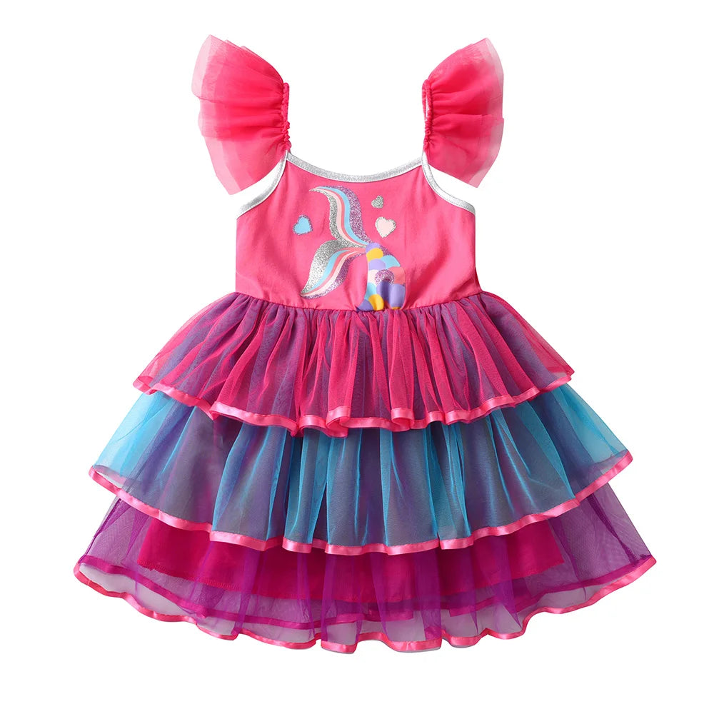 VIKITA Girls Suspenders Dress Children Mermaid Print Cartoon Summer Dresses Kids Birthday Party Prom Gown Princess Tutu Dresses