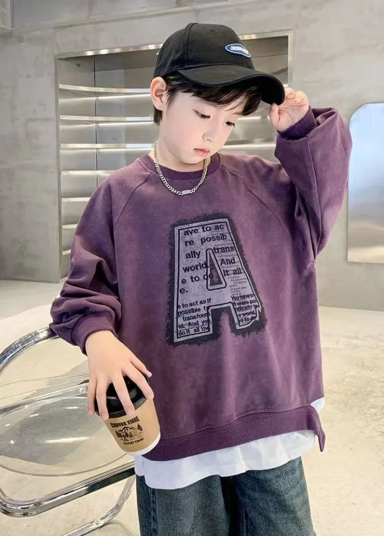 Boys' Medium-Large Spring Stylish Street-Style Letter Print Long Sleeve No Hood Sweatshirt