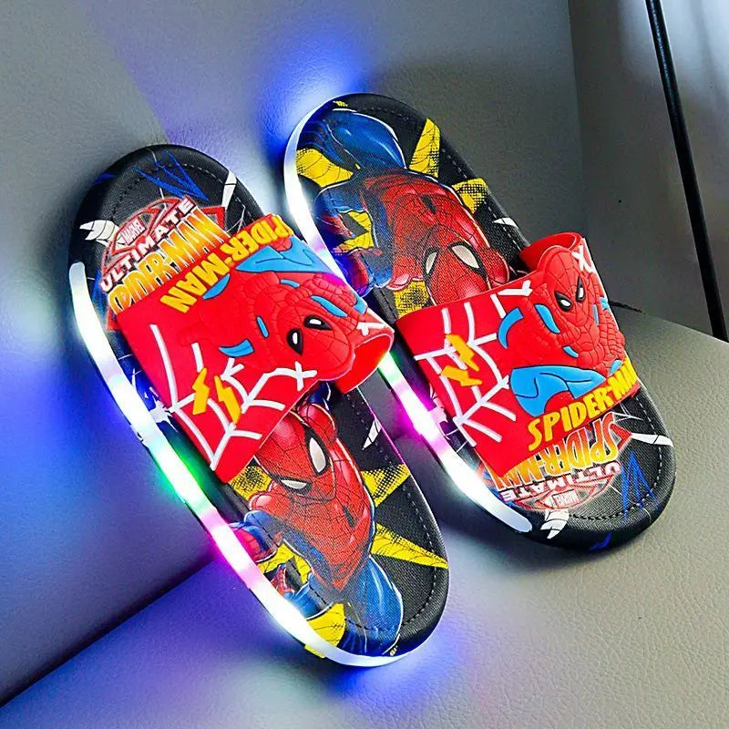 Disney Spider-Man Children's Slippers Non-slip Cartoon Light Soft Soled Slippers For Boys LED Light Luminous Children's Summer S