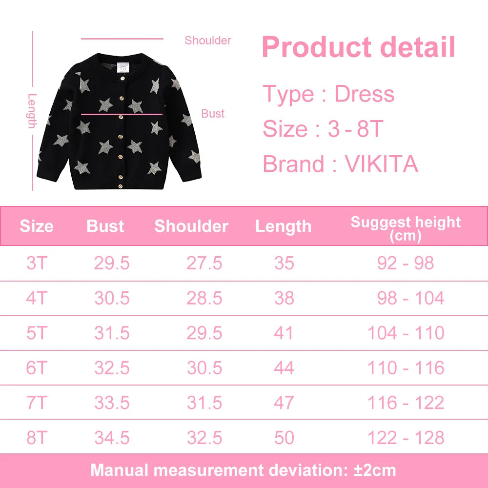 VIKITA Toddlers Silver Star Cardigans Kids Round Neck Button Sparkly Casual Daily School Street Cool Black Sweaters Outfits