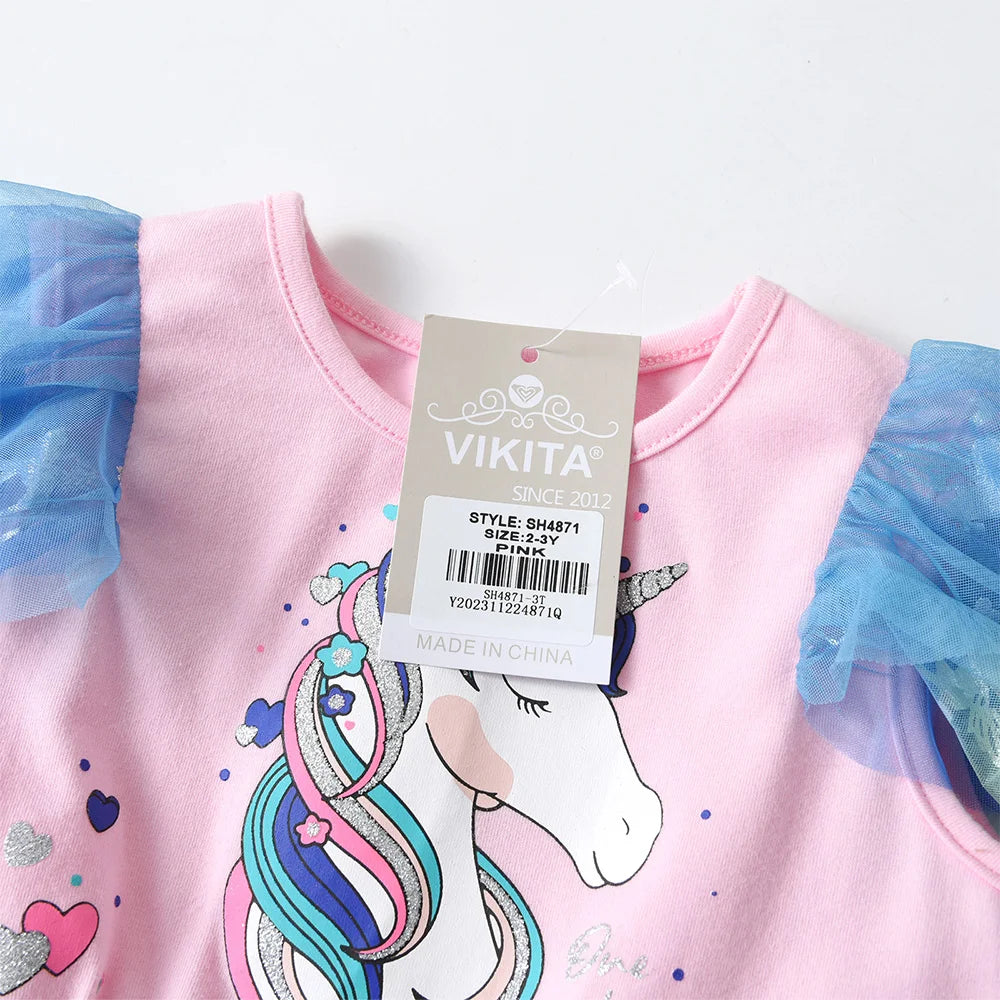 VIKITA Girls Tutu Dress Toddlers Summer Flare Sleeve Princess Dresses Girl Unicorn Cartoon Party Layered Dress Children Clothing