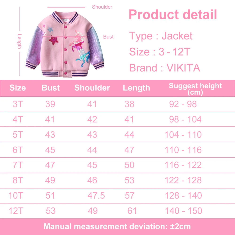 VIKITA Girls Baseball Jacket Teenagers Sports Casual Outerwear Autumn Winter Unicorn Star Sequins Appliqued Thick Warm Jackets
