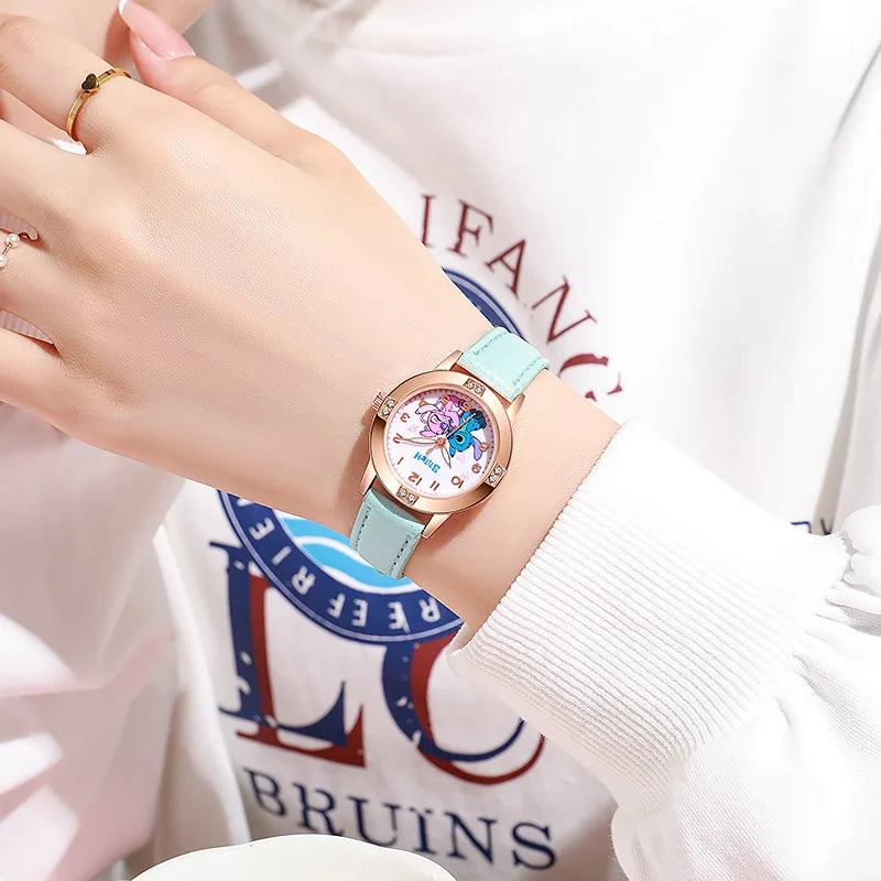 Fashion Cartoon Pattern Stitch Girls Watches Kids Leather Strap Children Watch with Rhinestone Dial reloj stich Exquisite Gift