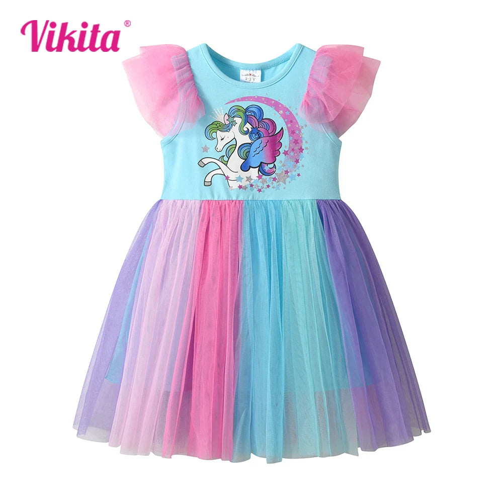 VIKITA Girls Licorne Star Print Dress Kids Summer Flare Sleeve Blue Dresses Kids Birthday Party Fashion Princess Elegant Dresses