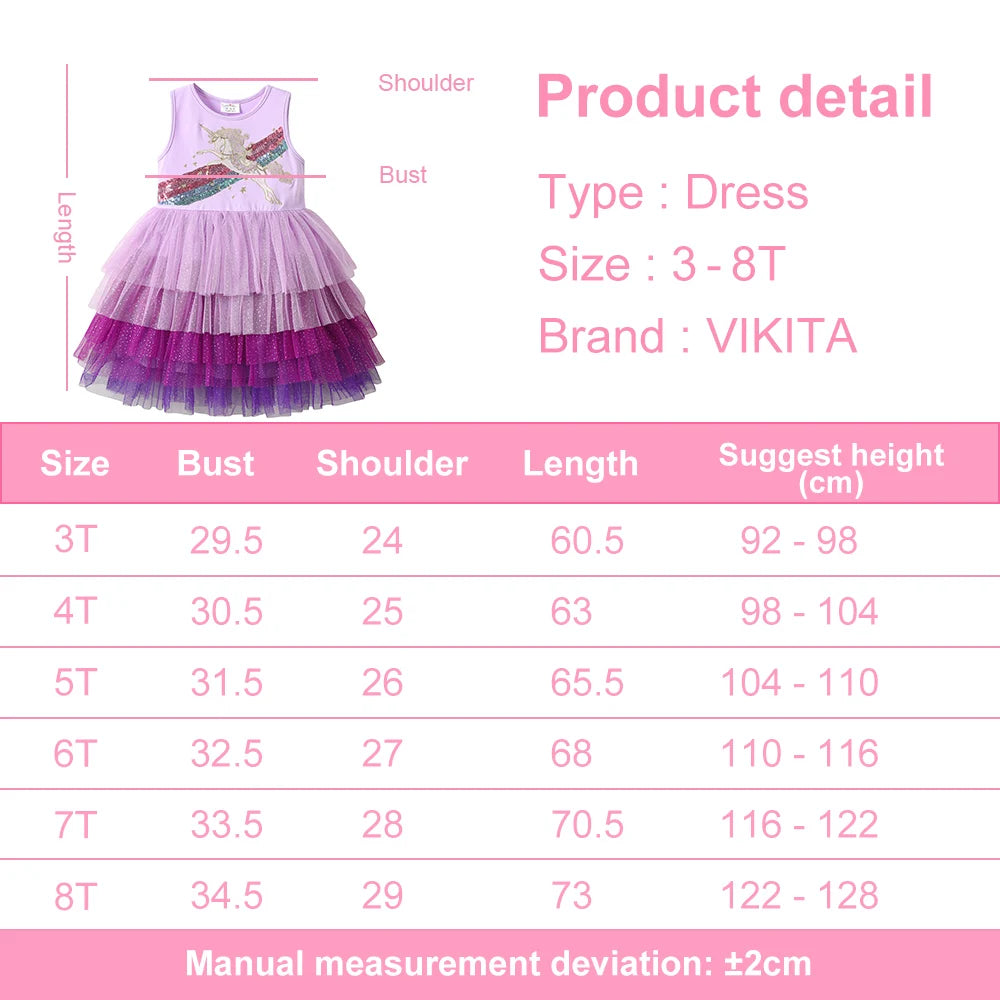 VIKITA Kids Sleeveless Dress Sequin Unicorn Rainbow Party Dress Layer Girls Tutu Dress Children Summer Casual Wear Kids Vestidos