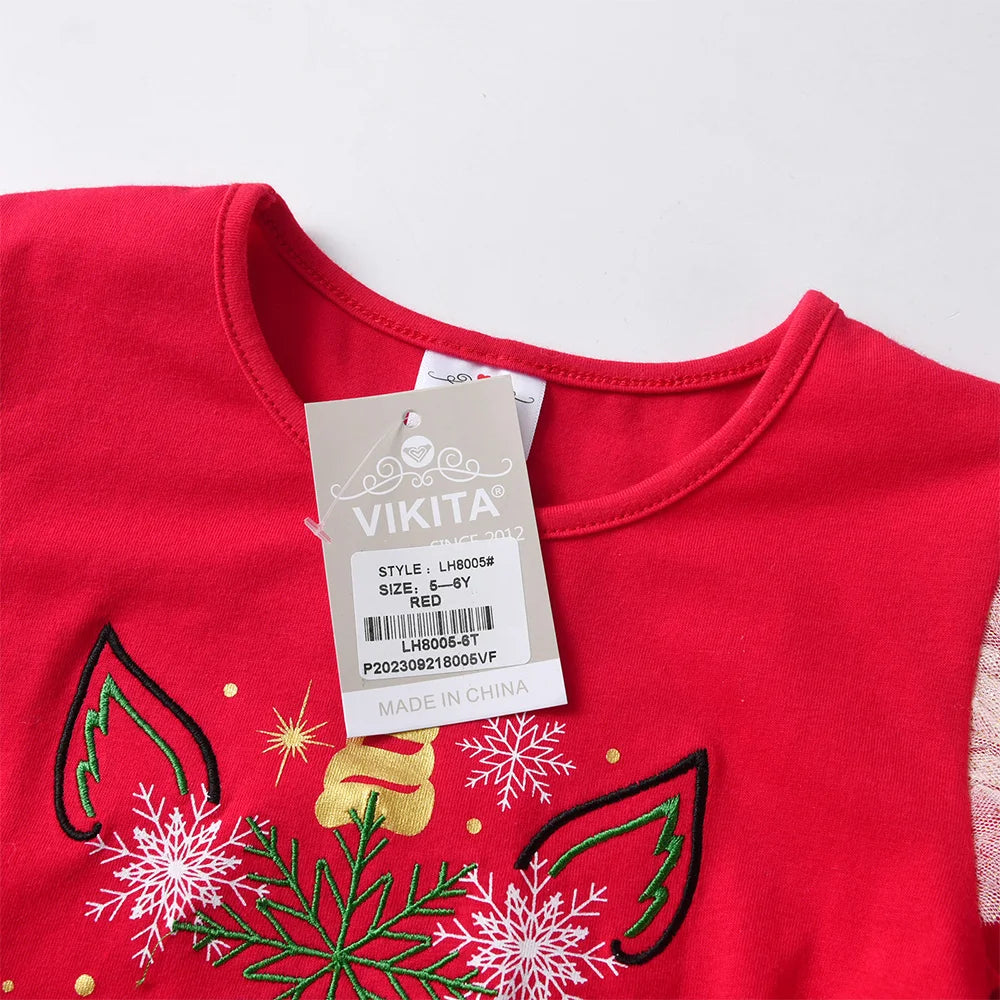 VIKITA 2025 New Girls Christmas Green Red New Year Princess Tutu Dress Kids Unicorn Snowflakes Autumn Winter Party Prom Gown