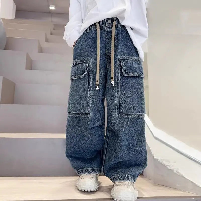 2025 New Boys Cargo Jeans Straight Wide Leg Spring Autumn Toddler Boys Big Boys Spring Fashion Jeans