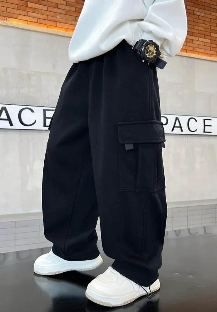 2025 New Boys Autumn Winter Fleece-Lined Sports Cargo Pants, Big Boy Streetwear Trends, Warmth & Comfort