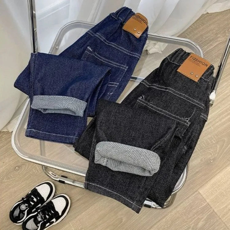 2025 New Boys' Fleece-Lined Jeans for Big Kids - Spring Autumn Autumn Long Pants Kids' Clothing