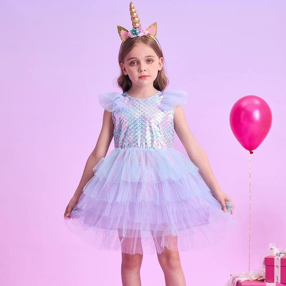 VIKITA Girls Flare Sleeve Summer Dress Kids Mermaid Print Birthday Party Travel Beach Princess Dresses Girls Mesh Tulle Dress
