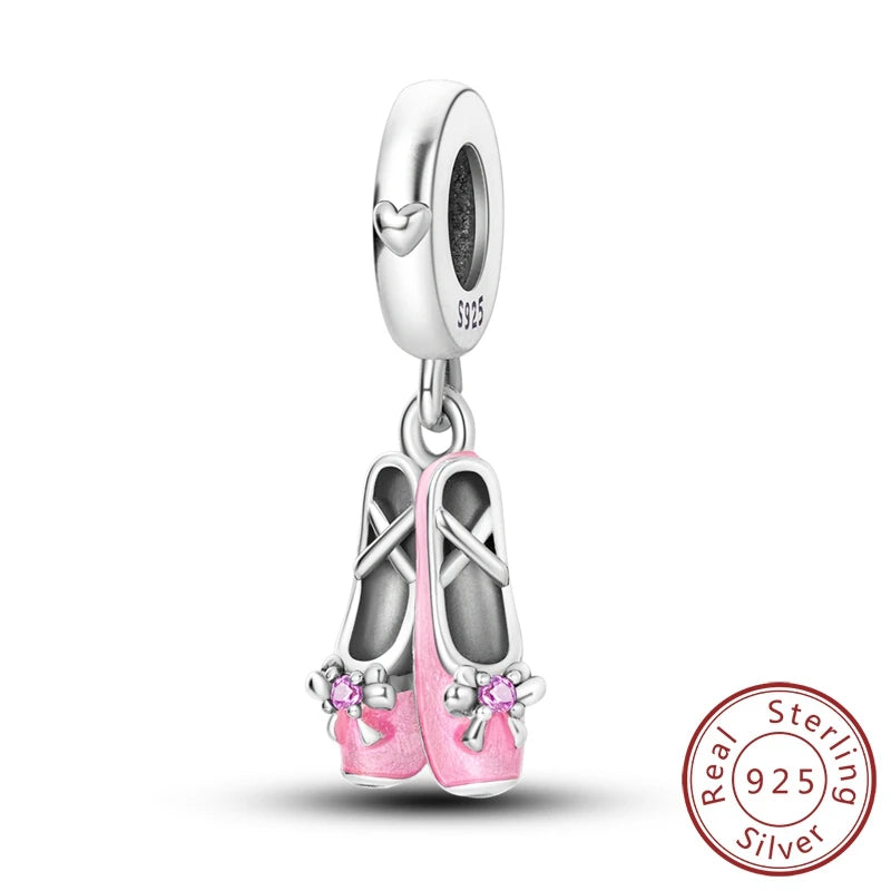 925 Sterling Silver Original Pink Ballet Shoes Charms Ballet Dancer Pendants For Women DIY Bead Fit Original Bracelet Necklace