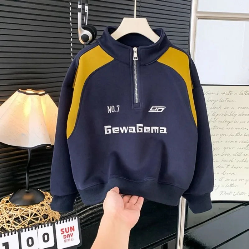 Boys' Mid-Large Size 2025 Autumn New Half-Zip Standing Collar Color-Blocked Loose Fit Stylish Sweatshirt