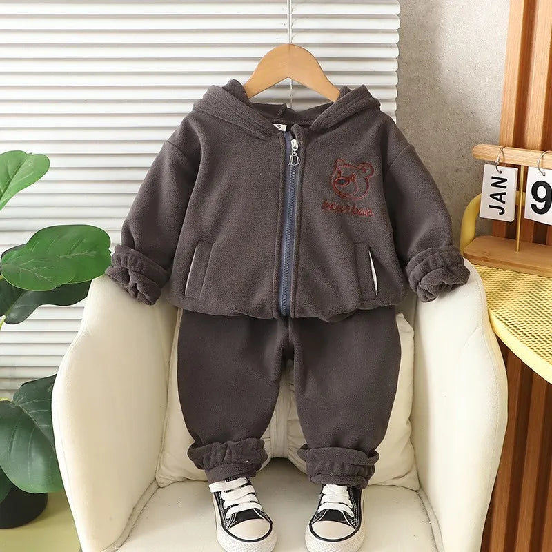 Autumn Winter Baby Boys Warm Clothes Set Thick Fleece Cartoon Bear Zipper Hooded Jacket Pants 2Pc For 1-5 Years Girls Sport Suit