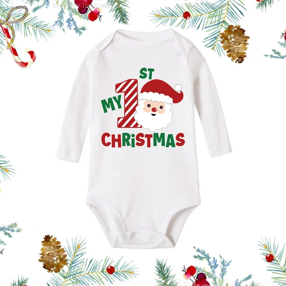My First Christmas Newborn Baby White Long Sleeve Romper Cartoon Snowman Print Outfit Infant Baptism Bodysuit Clothes Xmas Gift