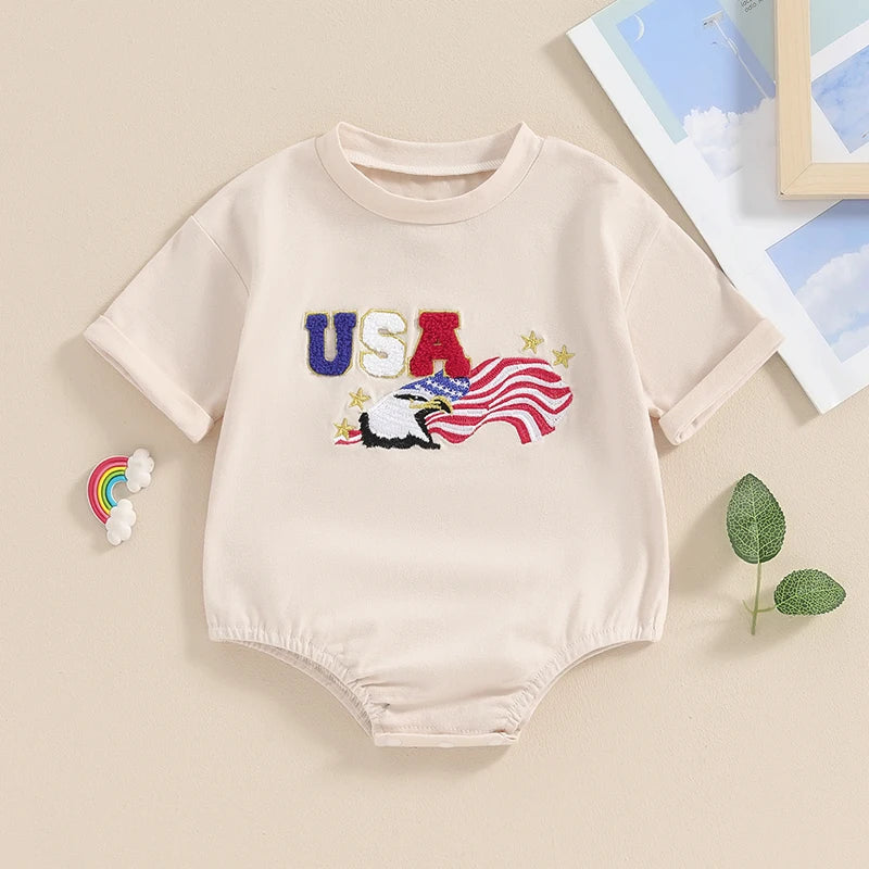 Independence Day Baby Romper with American Flag Print Round Neck Short Sleeve Bodysuit Toddler Patriotic Outfit for 4th of July