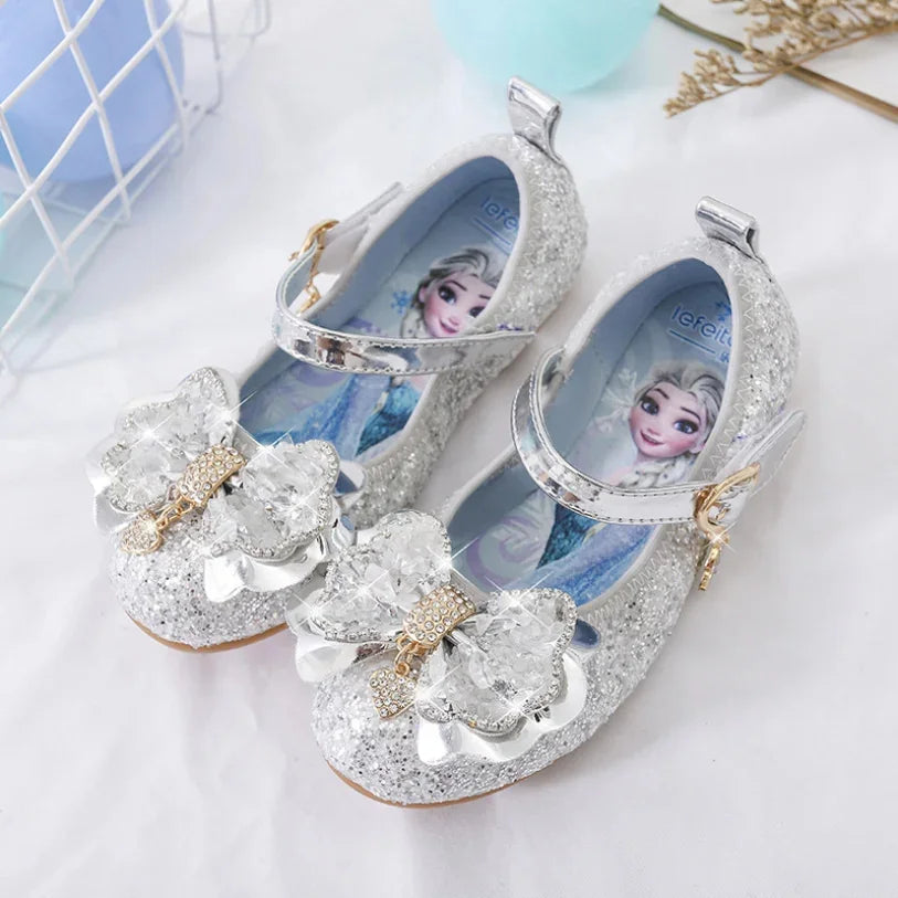 Disney Girls Princess Shoes Soft Sole Little Girl Frozen Children Crystal Casual Shoes Flat Leather Show Dance Shoes Size 22-36