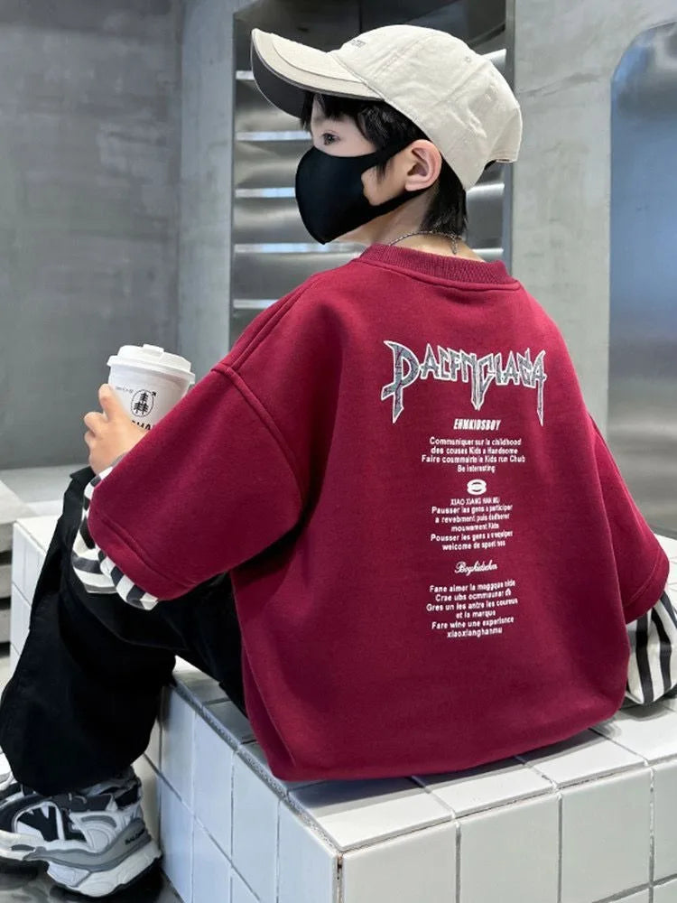 Boys' Medium-Large 2025 New Arrival No Hood Long Sleeve Fake Two-Piece Loose Fit Stylish Sweatshirt for Spring