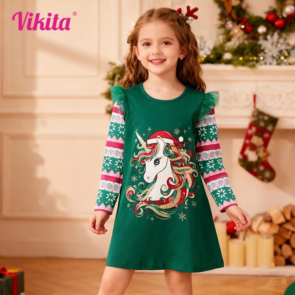 VIKITA Christmas Unicorn Snowflake Print Dress for Girls Kids Green Cotton Festival Xmas New Year Party Dresses Gift Costumes