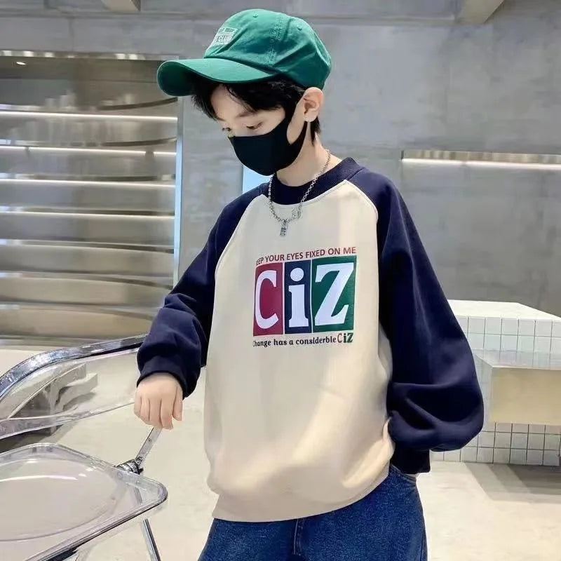 Boys' Medium-Large 2025 New Arrival No Hood Street-Style Korean Trendy Layering Top Kids Sweatshirt for Spring/Autumn