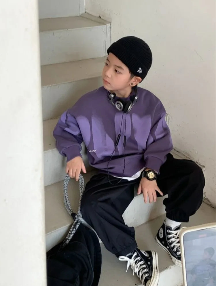 Boys' Medium To Large 2025 New Arrival No Hood Crewneck Spring/Autumn Trendy Street Style Kids Sweatshirt