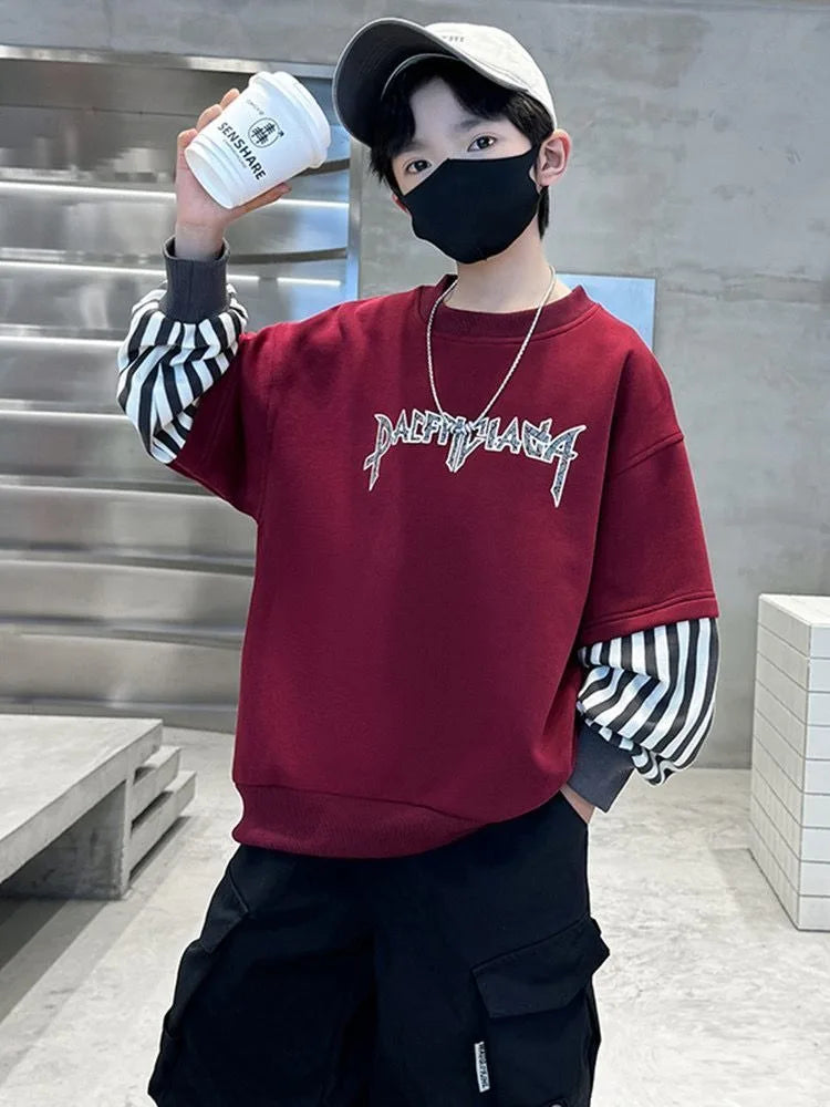 Boys' Medium-Large 2025 New Arrival No Hood Long Sleeve Fake Two-Piece Loose Fit Stylish Sweatshirt for Spring