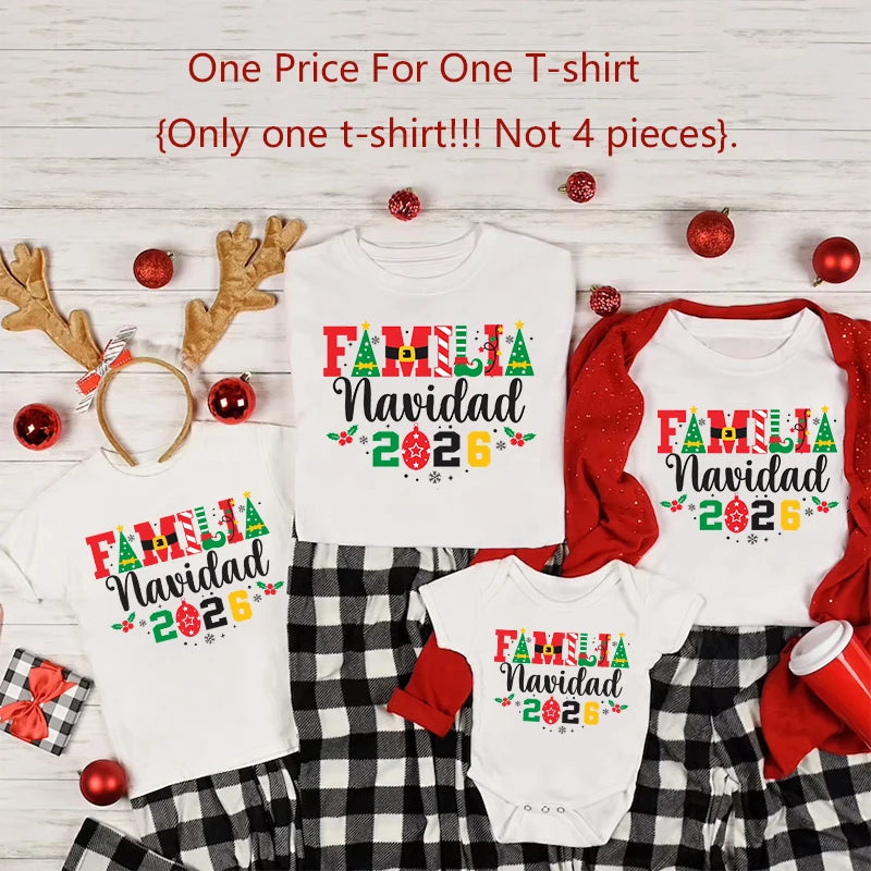 2026 Christmas Family Pattern Print Familt Matching Tee Shirts Dad Mom Kids Round Neck Tee Tops Baby White Bodysu