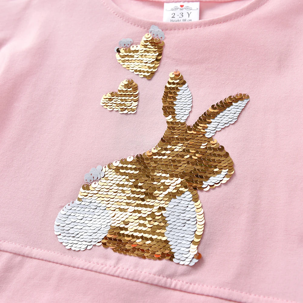 VIKITA Kinderbekleidung, lässige Oberteile und T-Shirts für Mädchen, Kurzarm-Sommer-T-Shirts aus Baumwolle mit Paillettenapplikationen in Hasenform