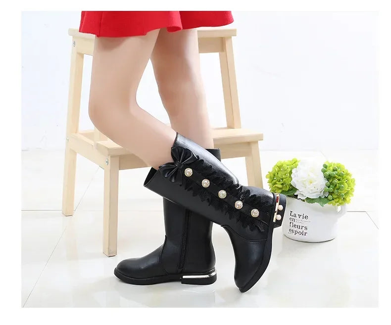 Girls Boots Autumn Winter Kids Princess Boots Lace Pearls with Bow-knot Sweet Warm Cotton Fur Lining Children Long Boots High