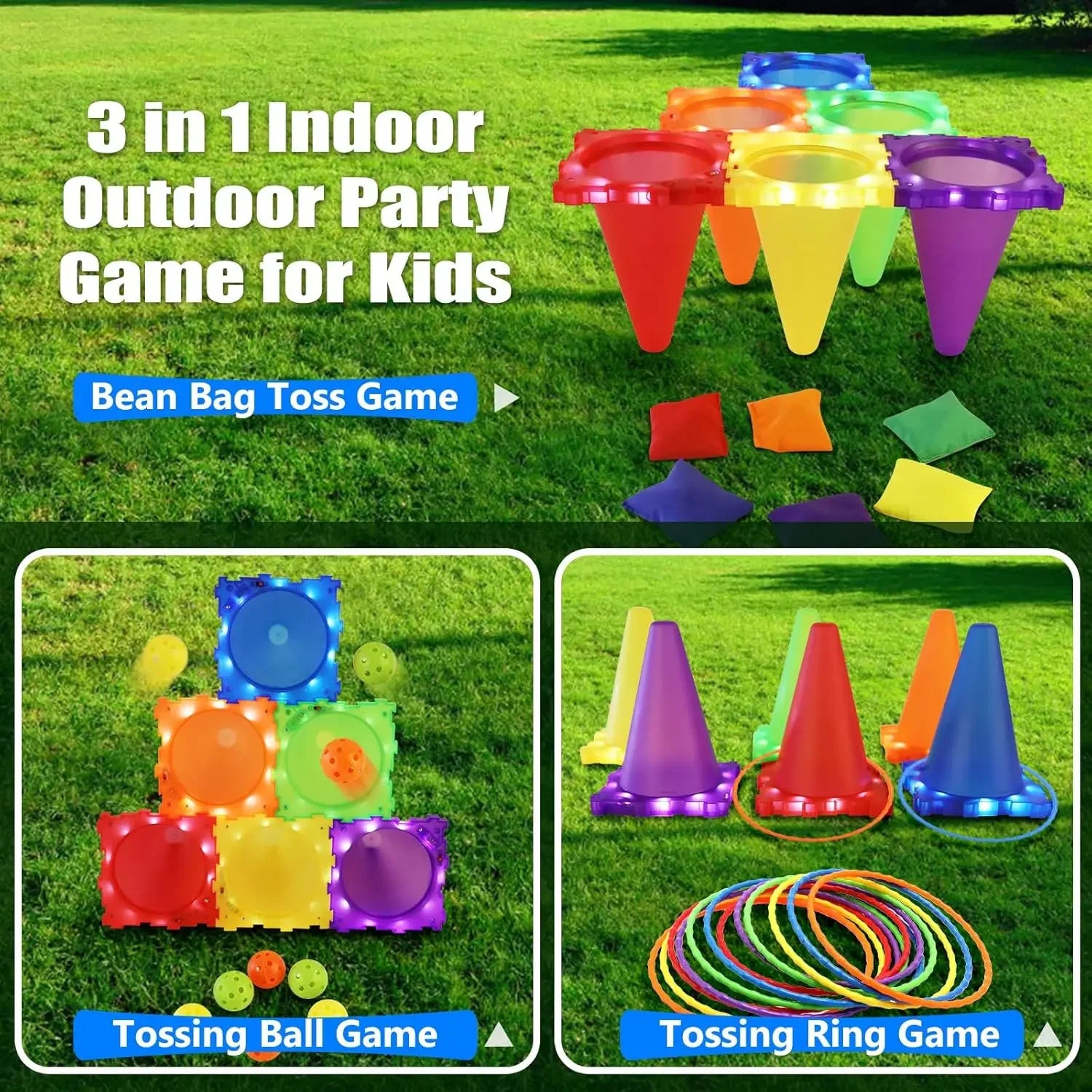 3 in 1 Ball & Ring & Bean Bag Cones Toss Game Play Set with Light Multiple Throwing Target Models Outdoor Family Yard Party Game