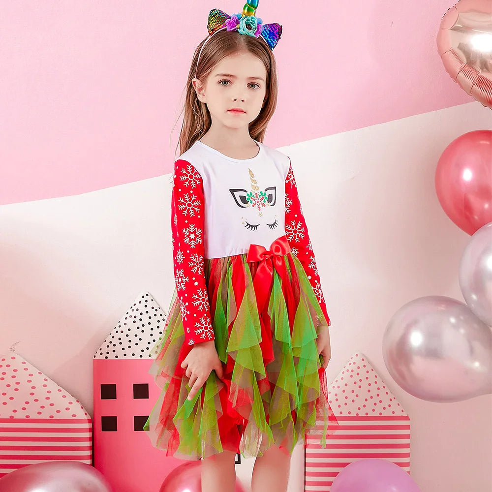 VIKITA Girls Christmas Unicorn Dress Kids Long Sleeve Snowflake Print Tutu Dress with Red Green Tiered Tulle Skirt for Xmas