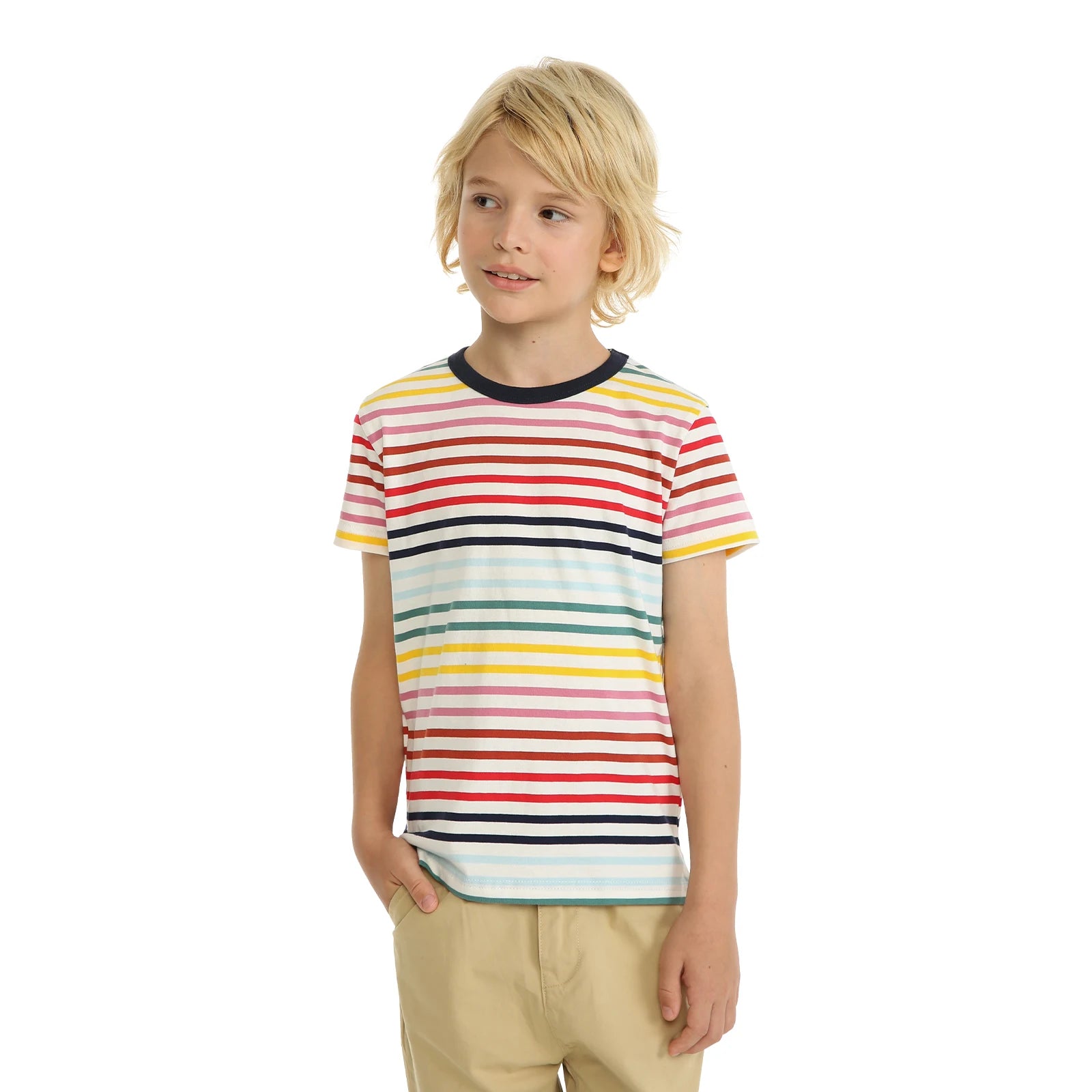 Mudkingdom Big Boys Girls T-Shirt Stripe Rainbow Colorful Solid Plain Color Casual Tops for Kids Clothes Toddler Clothing