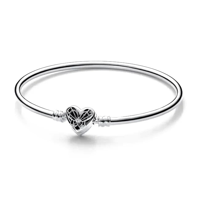 New 925Silver original 17-21CM Pearl Heart-Shaped Hard Ring Square Buckle Round Bracelet Fit for DIY Mini Birthday Jewelry Gifts