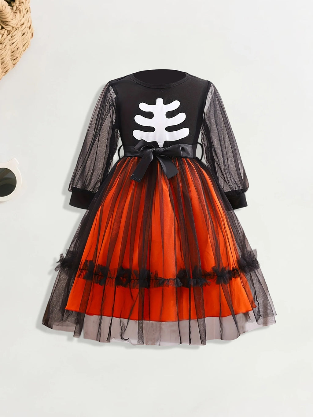 Girls Halloween Costume Dress Skeleton Print Long Sleeve Crew Neck Tulle Patchwork Fall Dress for Kids Party Wear