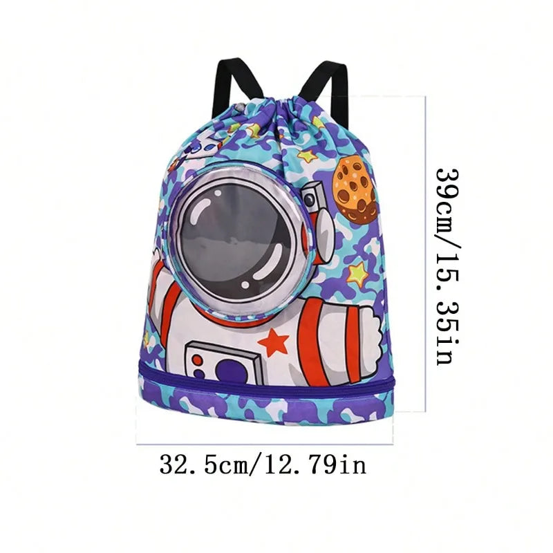 Kids Swim Beach Bag Drawstring Backpack with Shoe Compartment Cartoon Pool Bag for for Wet Swimming Sport Travel Boys Girls