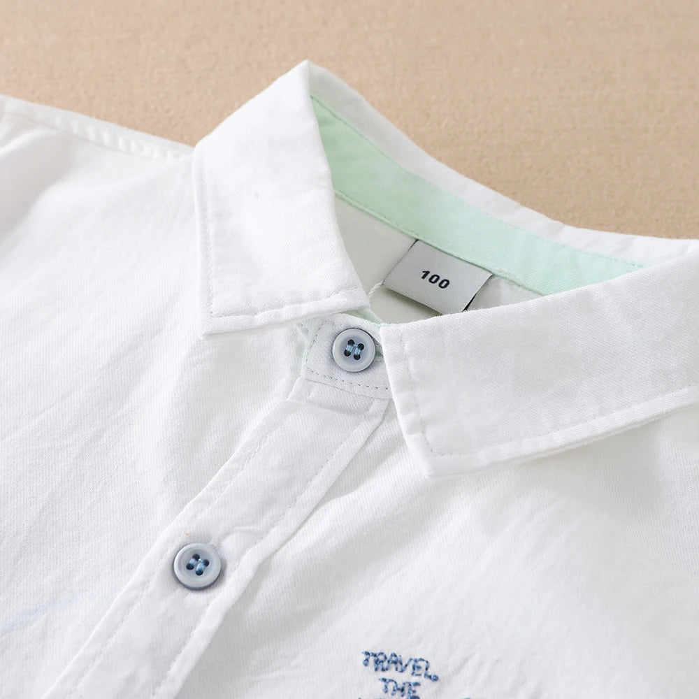 Toddler Boys' White Dinosaur Embroidered Casual Shirt Long Sleeved Clothes for 2-6 Years Old