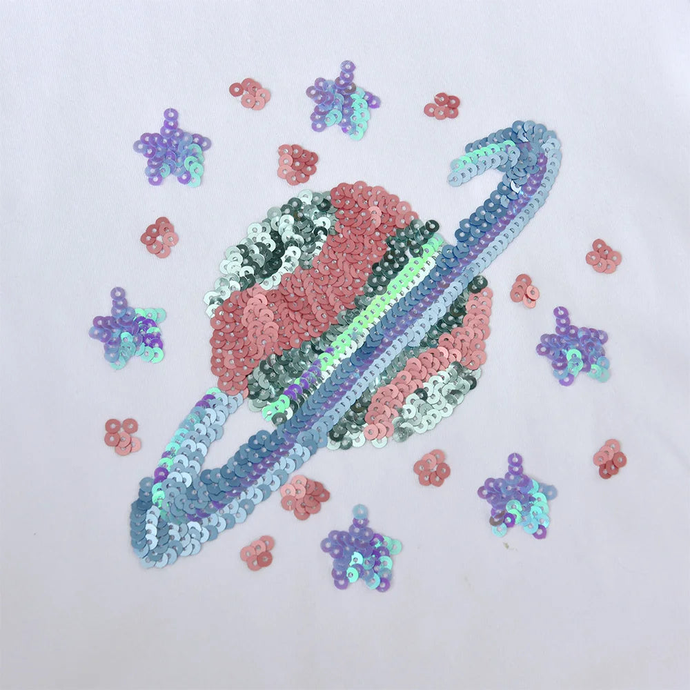 VIKITA Kids Short Sleeve Summer White T Shirts Girls Cosmos Star Sequins Appliqued Cotton Casual Tops and Tees Children Clothing