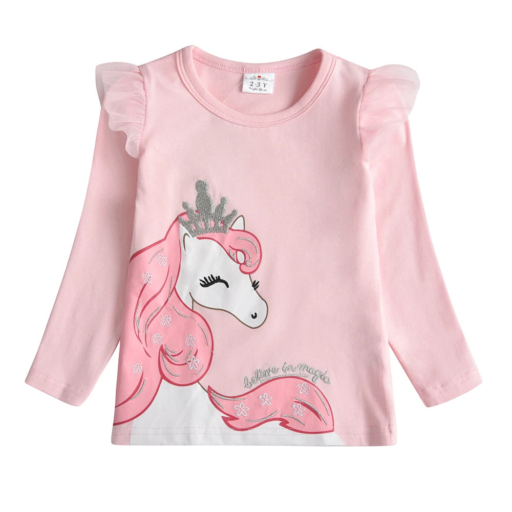 DXTON Spring Girls Long Sleeve T-shirts Children Cartoon Unicorn Girls Tops Toddlers Cotton Tees Solid Pink T shirts Outfits
