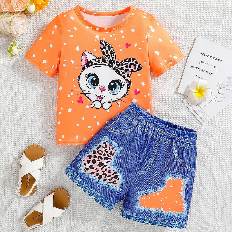Baby Girls Clothing Set Summer New Kids Leopard Print Short Sleeve T-Shirt Shorts 2Pc Suit for 4-7Year Children Fashion Outfits
