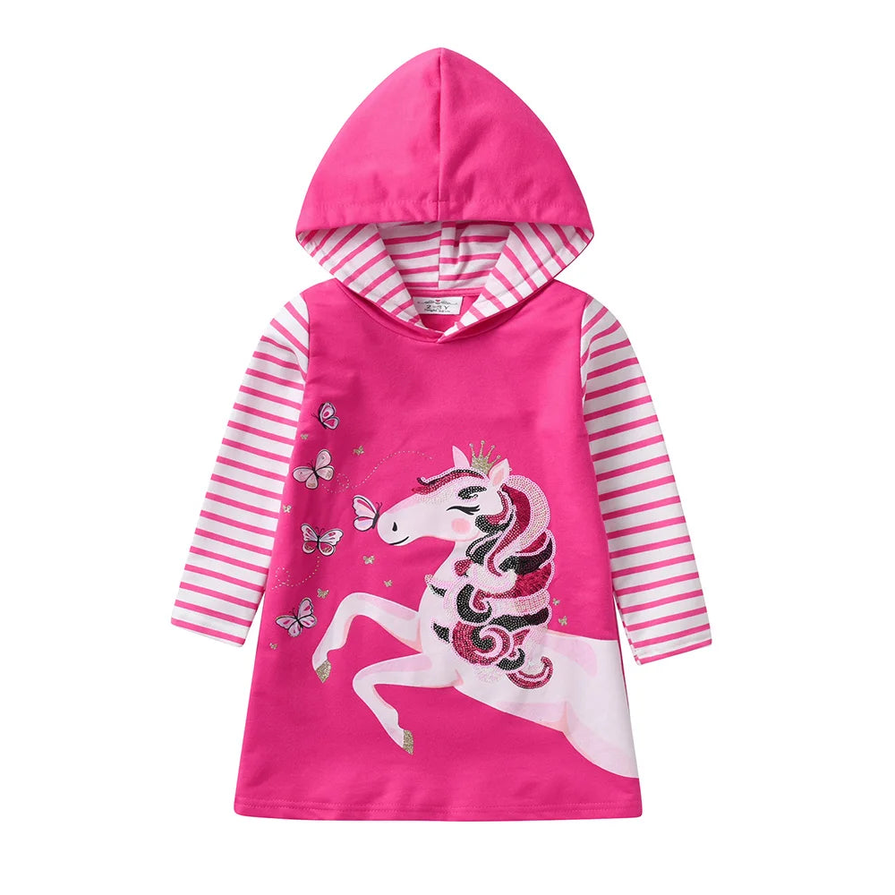VIKITA Kids Cotton Casual Street Fashion Dress Girls Licorne Butterfly Sequined Appliqued Hooded Dresses Kids Cute Pink Dress