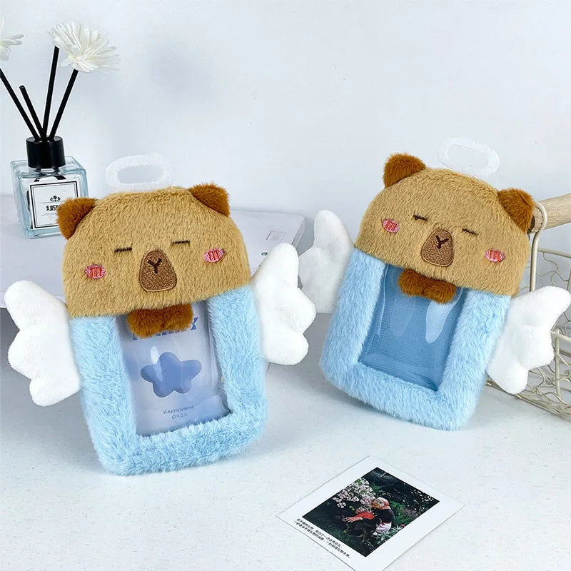 Card Sleeve Cute Blue Capybara With Angel Card Cover Anti-Lost Protective Photo Storage Capybara Identity Student Collection