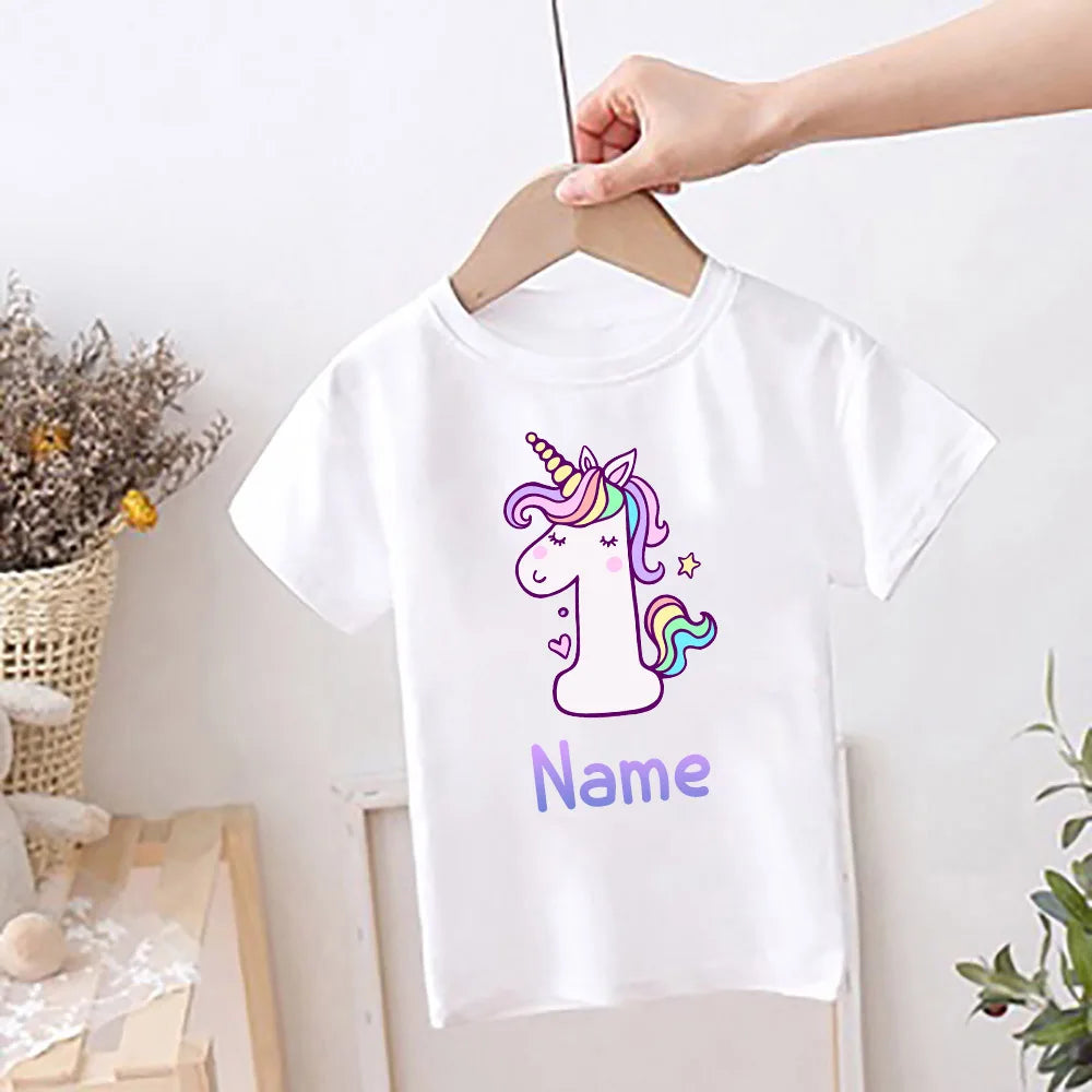 Personalised Unicorn Print Kids Birthday T-shirt Childs Custom Name Clothes Tops Girls Shirt Birthday Party Outfits Cute T Shirt